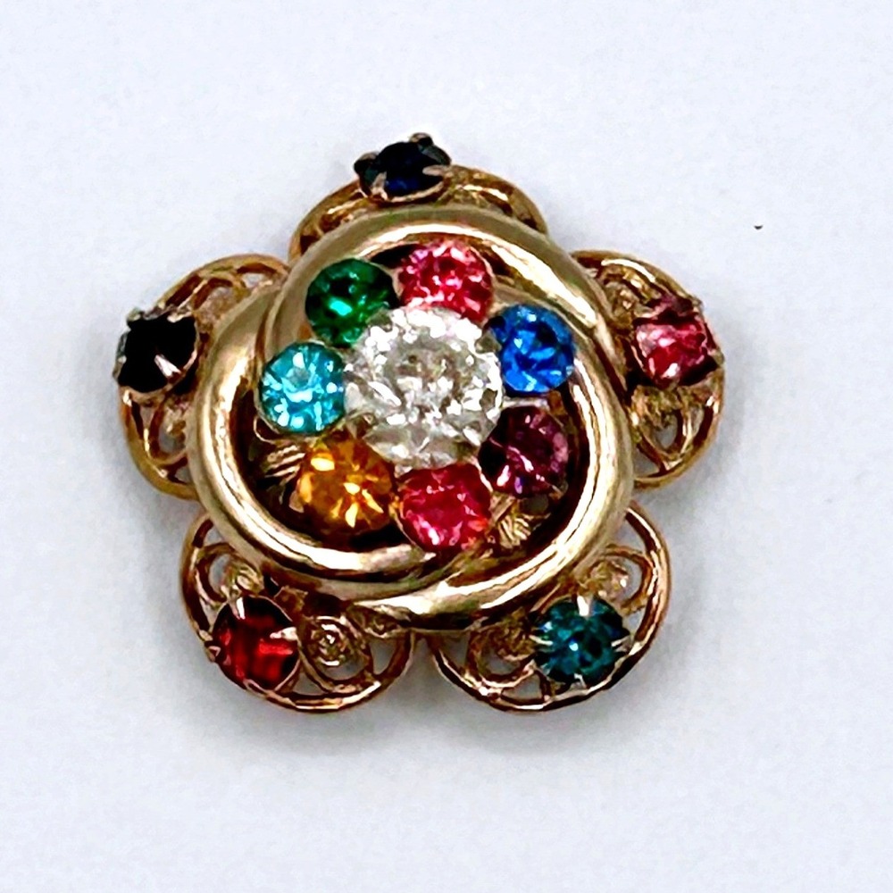 Vintage Flower Brooch Multi-Color Rhinestone Gold Tone Filigree 1 Inch Small Pin